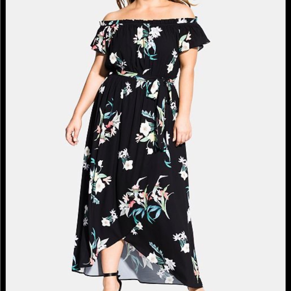 City Chic Women's Plus Size 14W Lotus Tie Floral Off Shoulder Maxi Dress Black